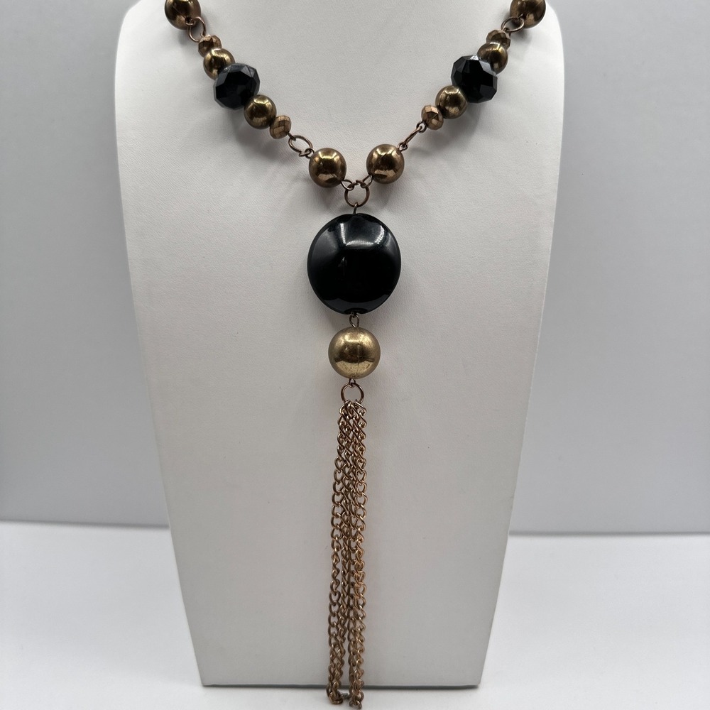 Vintage Y2K Statement Tassel Necklace Black Onyx Beads Bronze Gold Tone Jewelry